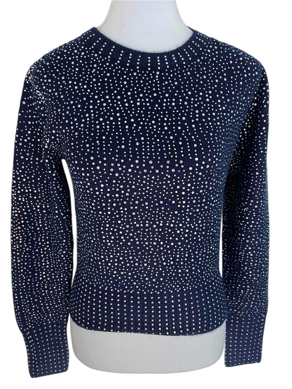 Zara Navy Crystal-Studded Crewneck Sweater Size Medium NWT
